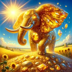 an elephant standing on top of a rock surrounded by gold coins and diamonds, with the sun in the background