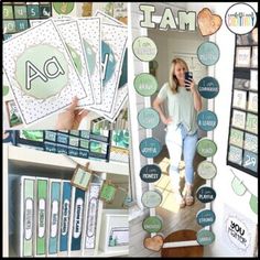 a woman standing in front of a wall filled with papers and stickers on it