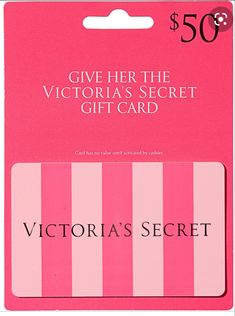 victoria's secret $ 50 gift card with pink and white striped design on the front