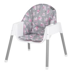 a child's high chair with flowers on the seat and legs, in grey and pink