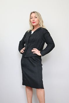 "Gorgeous Terry-Allen Suit set in size Sm. Dress zips up the back with a metal zipper. Sleeveless with a semi-sheer white bodice. The skirt of the dress has unique hidden pockets, mid-point on the front of the waist. The jacket has beautiful details like a princess seaming, rounded fabric buttons and a Peter Pan style collar. Fully line in matching black silk fabric. Fabric is a woven rayon with a shimmery black geometric pattern woven throughout. This set is in impeccable condition with the ori Black Fitted Long Sleeve Skirt Suit, Fitted Black Skirt Suit For Business, Fitted Black Skirt Suit For Office, Black Fitted Skirt Suit For Office, Black Fitted Skirt Suit For Formal Occasions, Formal Black Fitted Skirt Suit, Fitted Black Workwear Sets, Fitted Black Skirt Suit For Spring, Vintage Fitted Long Sleeve Sets