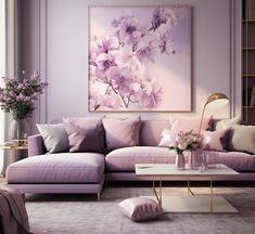 a living room filled with purple furniture and flowers on the wall above it's coffee table