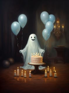 a painting of a ghost with candles and balloons