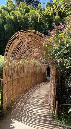 a long bamboo path in the middle of a garden with purple flowers on either side