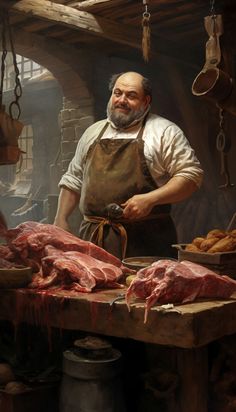 a painting of a man in an apron preparing meat on a table with other items