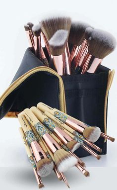 Makeup Brush Set - Vegan Cruelty-Free - 12 Brushes with Stylish Black Pouch - A.A.Y FASHION Ecotools Makeup Mixer, Brush Set Ulta, Makeup Brushes Sets, Wooden Makeup Brush Set, Kabuki Makeup Brushes With Cover, Best Cheap Makeup Brushes, Bamboo Makeup Brushes, Black Pouch, Makeup Brush Set Professional