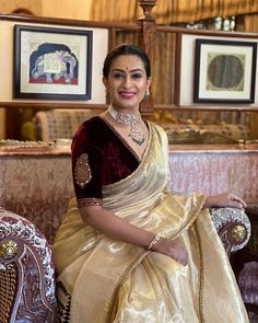 Swapna Reddy 🧿 | Adorning tissue ✨feeling like royalty.” The Gold Tissue with hand embroidered border, intricately woven with Zari and Zardosi,extends to a… | Instagram Velvet Blouse Design, Bollywood Designer Sarees, Lace Saree, Fashionable Saree Blouse Designs, Fancy Sarees Party Wear, Tissue Saree, Blouse Designs Indian