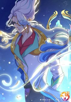 an anime character with white hair and blue eyes standing in front of a sky background