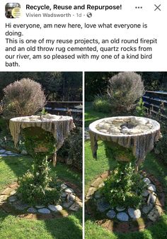 two pictures of a stone table in the middle of some grass with trees and bushes around it