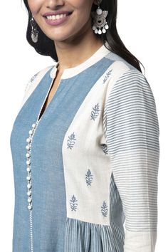 Soch Light Blue Cotton Embroidery Kurti - SAMR KT 41009 Fork Design For Women, Kotan Kurti Designs Latest, Fork Design, Embroidery Kurti, Indian Kurti Designs, Kurta Style, Designer Kurti Patterns, Simple Kurti Designs, Neck Designs For Suits