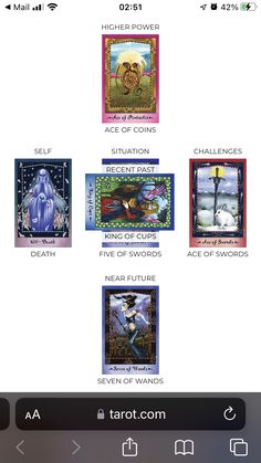 the tarot app on an iphone shows four different tarot cards, one for each card