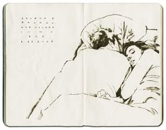 an open book with a drawing of two people sleeping on top of eachother