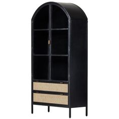 a black bookcase with wicker drawers and an arched door on the top shelf