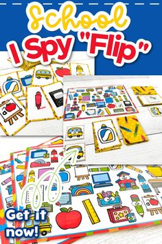 an advertisement for the school's i spy flip game, which includes pictures and words