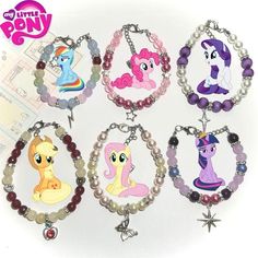 ⋆.ೃ࿔*:･ My Little Pony Mane 6 inspired bracelets !*ੈ → PRICE IS FOR ONE BRACELET → FREE SHIPPING for USA $35+  assorted beads + silver plated charms, strong jewelry wire, stainless steel findings/chains ❀ Care tip: In order to keep your bracelets in good condition, please keep it away from water 🫧⋆｡˚instagram & tiktok: @batbeadsco Pony Beaded Bracelets, My Little Pony Mane 6, Fluttershy Twilight, Rarity Applejack, Fluttershy Rainbow Dash, 19 Birthday, Diy Couple Bracelets, Cute Group Halloween Costumes, My Little Pony Costume