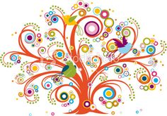 an abstract tree with colorful circles and birds