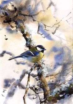 a watercolor painting of a bird perched on a tree branch