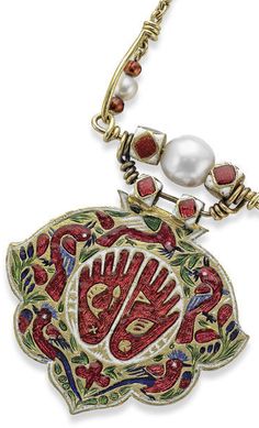 A 19th century enamelled necklace with Footprint of Vishnu (Vishnupada) pendant, Indian The twisted fancy-link chain strung with pearls and polychrome enamelled beads of various designs, suspending a lobed palmette pendant, decorated with the Feet of Vishnu, framed by a surround of birds and foliage, the reverse with an inscription that reads 'Sita Ram Ji' – an invocation to the Hindu God 'Ram' and his consort 'Sita', Byzantine Jewelry, Ancient Jewellery, Tiny Bow, Enamel Beads, Folk Art Dolls, Antique Pendant, Enamel Necklaces