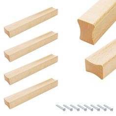 a set of wooden dows and screws on a white background