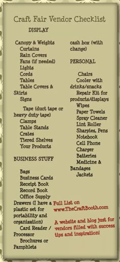 the craft fair vendor checklist is shown in red and white with an ornate border around it