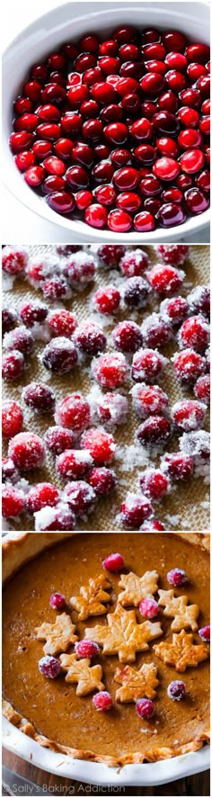 three different pictures showing the process of making christmas cookies and pie crusts with cranberries on top