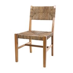 a wooden chair with woven seat padding and wood frame, against a white background