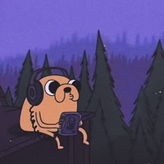 a cartoon dog wearing headphones and holding a cell phone in front of some trees