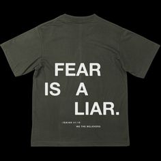 DETAILS This t-shirt is inspired by the call to overcome doubts and anxieties through Christ, reminding us that God’s truth is louder than fear’s lies. It's a daily reminder of the strength we have in Christ. Made from heavyweight 100% ring-spun cotton, this 6.1 oz./yd² tee offers comfort and durability. With double-needle stitching on the collar, sleeves, and hem, plus shoulder-to-shoulder taping, it’s built to last and perfect for everyday wear. Size Guide S M L XL 2XL Length (inches) 28 29 30 Christian T Shirt Ideas, Christian Shirt Designs, Christian Clothing Brands, Church Tshirt, Church Shirt Designs, Fear Is A Liar, Church Merch, Jesus Clothing, God Shirts