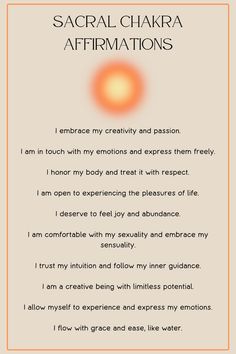 Balance your Sacral Chakra with these powerful affirmations. How To Balance Your Chakras, Sacral Chakra Activities, 7 Chakras Healing Affirmations, Healing Sacral Chakra, How To Balance Sacral Chakra, Healing The Sacral Chakra, Sacral Affirmations, Balance Sacral Chakra