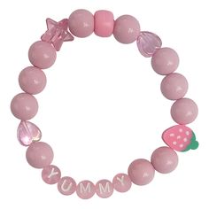 Compliment your look with this delightfully descriptive pop of pink Stretchy letter bracelet with pink gumball beads, iridescent shapes & fruit accents Trendy Pink Jewelry For Birthday, Pink Beaded Name Bracelet For Birthday, Playful Pink Charm Bracelet For Birthday, Adjustable Pink Charm Bracelet With Letter Beads, Trendy Pink Beaded Charm Bracelet, Personalized Pink Charm Bracelet, Playful Pink Name Bracelet As Gift, Pink Letter Beads Bracelet For Birthday, Pink Round Beads Bracelets For Birthday