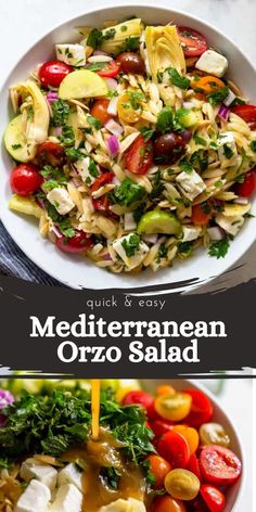 mediterranean salad in a white bowl with dressing drizzled on top