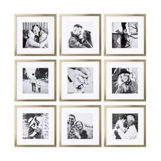 six black and white photos hanging on a wall with gold frames, each holding an individual's hand