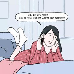 a woman laying in bed talking on her cell phone with a thought bubble above her head