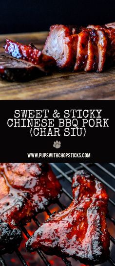 sweet and sticky chinese bbq pork chops on the grill with text overlay