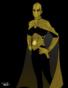 a stylized image of a woman in a yellow cape and black dress with her hands on her hips