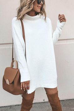 Come My Way Sweater Casual Dress – roschic Fall Nashville Outfits, Fall Nashville, Vinter Mode Outfits, Knitted Winter Dress, Winter Mode Outfits, White Sweater Dress, Nashville Outfits, Solid Color Sweater, Pullover Outfit