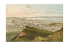 an old painting of a city on top of a hill