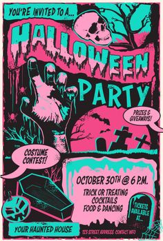 a halloween party poster with an image of a skeleton on the front and words that say,