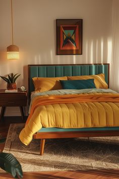 a bed with yellow sheets and blue pillows in a bedroom next to a plant on the floor