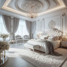 A sumptuous bedroom showcases a large bed with an ornate tufted headboard in pristine white. Flanking the bed are two matching armchairs with plush upholstery and carved wooden legs. The room is adorned with heavy drapery on tall windows that let in soft light. A crystal chandelier hangs from an elaborately molded ceiling. The floor is covered by a large patterned area rug. Keywords include luxury, serenity, and classic elegance. Royal Bedroom, Glam Bedroom Decor, Japandi Living, Neoclassical Interior, Woman Bedroom, 아파트 인테리어, Classic Bedroom, Perfect Bedroom, Traditional Bedroom