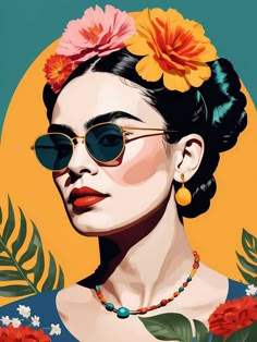 a painting of a woman with sunglasses and flowers in her hair