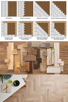 wood flooring options for different types of floors and walls, including herringbones