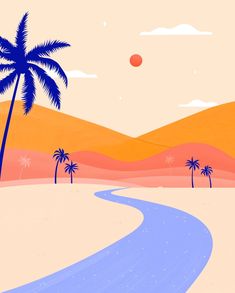 an illustration of a desert with palm trees and a blue road leading to the sun