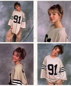 four different pictures of a woman wearing a football jersey