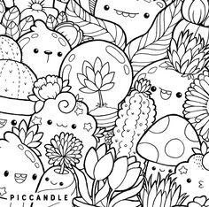 a black and white coloring page with lots of different types of plants in the background