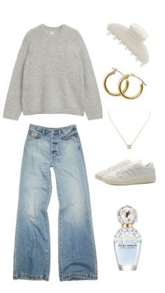 a woman's outfit including jeans, sneakers and jewelry