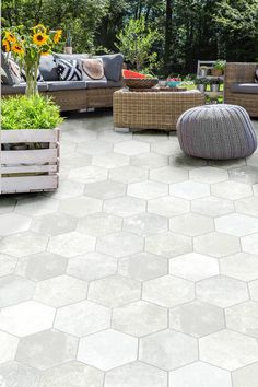 Outdoor and Indoor Hexagon Floor Tiles Outdoor Patio Flooring Ideas, Grey And Terracotta, Hexagon Floor Tiles, Outdoor Tiles Floor, Outside Tiles, Terrace Tiles, Hexagon Floor, Patio Pavers Design