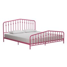 a pink metal bed frame with white sheets and pillows on top of it, in front of a white background