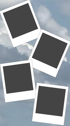 three polaroid frames flying through the air in front of some white clouds and blue sky