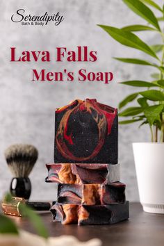 lava falls men's soap on a table next to a potted plant